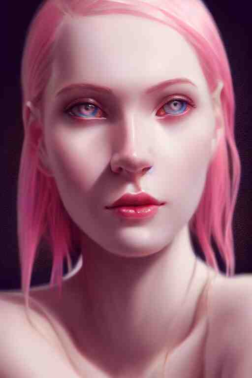 Portrait of a beautiful pale skin Nordic female with short pink hair, elegant, photorealistic, highly detailed, artstation, smooth, sharp focus, gold ornaments, neon lighting, sci-fi, art by Klimt.
