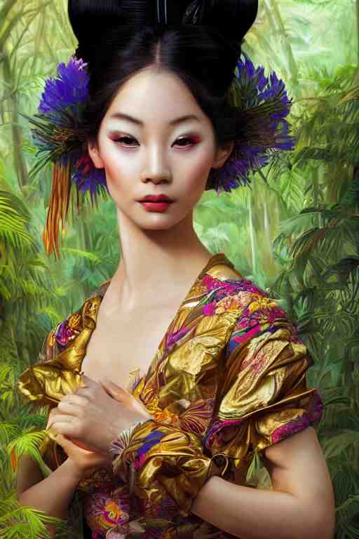 stunningly beautiful, peruvian geisha prima ballerina in jungle, symmetrical face, golden hour, smooth, focus, highly detailed, hyper realistic, dramatic lighting, elegant, intricate, concept art, art by wlop, mars ravelo, greg rutowski, artstation 