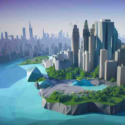 low poly art of new york as an island floating in the sky, low poly, isometric art, 3d render, waterfall, high detail, artstation, concept art, behance, ray tracing, smooth, sharp focus, ethereal lighting