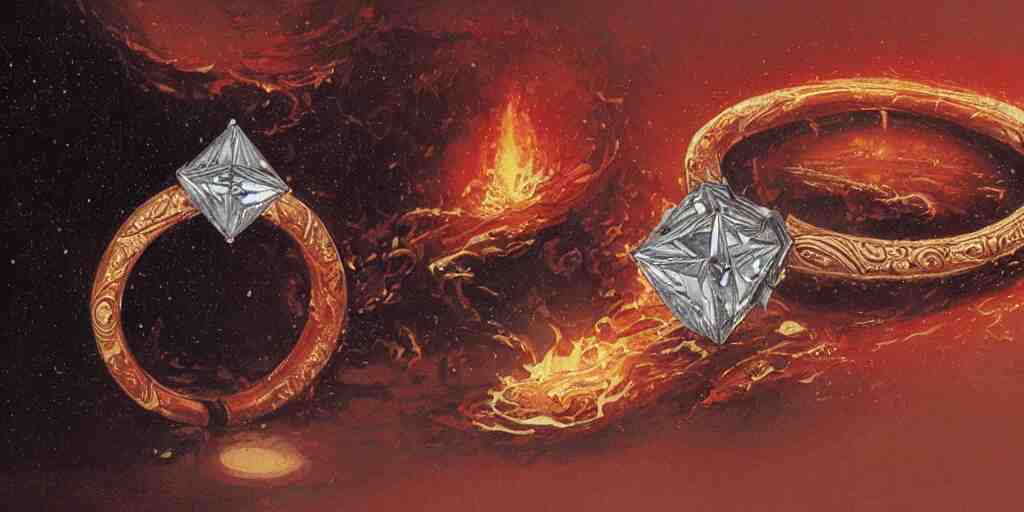 magic ring with a diamond, fire, flame, engraving, d & d, item, graphic, close - up, design, shimmer, artbook, page, detailed, trending on artstation, cgsociety, ralph mcquarrie and greg rutkowski 