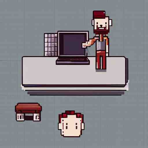 a bald hipster with headphones and a laptop, isometric pixelart, sprite, pixelart!! 