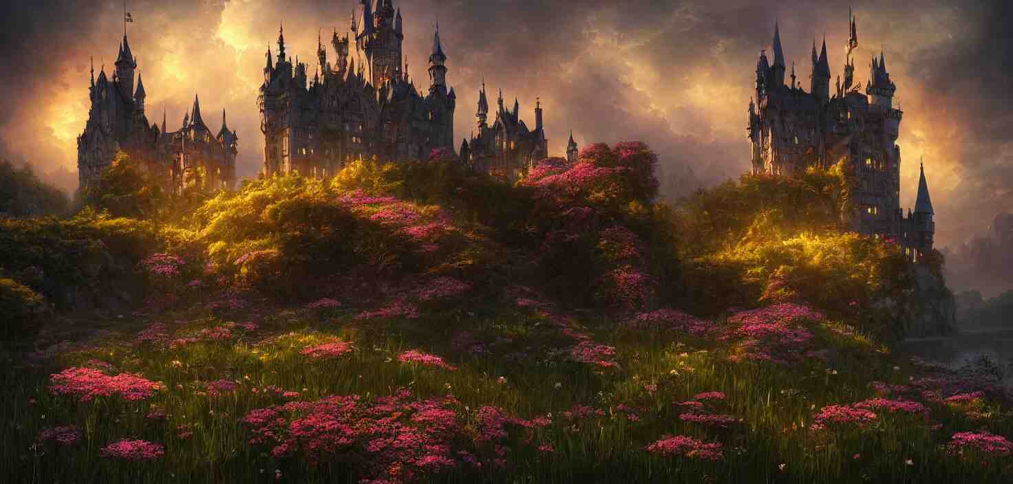 fabulous gothic castle surrounded by flowers, a castle by the river in the evening twilight, cinematic view, epic sky, detailed, concept art, low angle, high detail, warm lighting, volumetric, godrays, vivid, beautiful, trending on artstation, by jordan grimmer, huge scene, grass, art greg rutkowski 