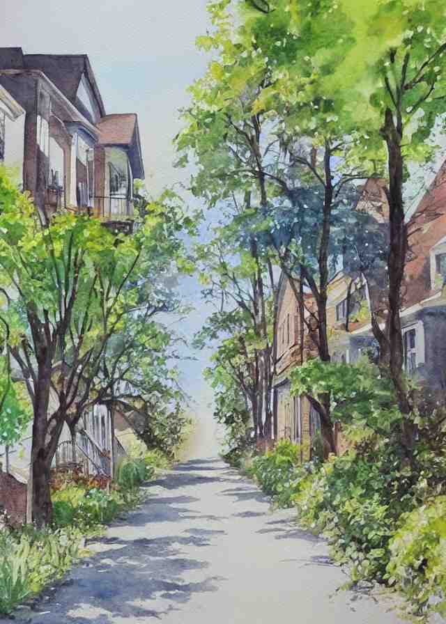 street lined with old residential houses summer watercolor by arti chauhan trending on artstation 