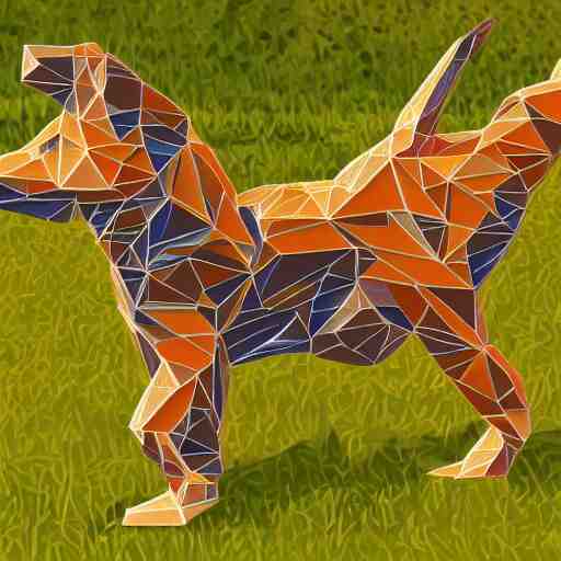 abstract art of dog running through forest, polygons, symmetrical, intricate, highly detailed, head on 