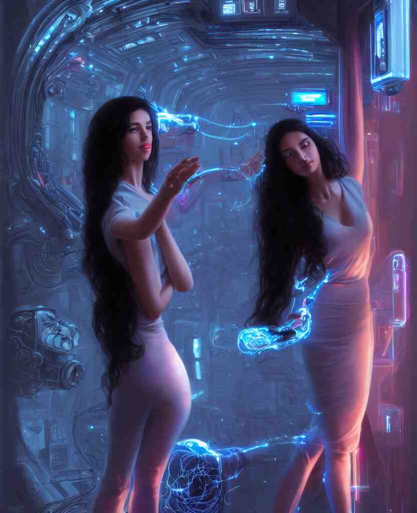 beauty young spanish woman with long black hair robotic hands, interacting with a holographic interface of alien artifacts, electrical case display, Terminator tech, ultrarealistic, dramatic lighting, electrical details, high details, 4k, 8k, best, accurate, trending on artstation, artstation, photorealism, ultrarealistic, digital painting, style of Peter Mohrbacher, Caravaggio, Hajime Sorayama and Boris Vallejo