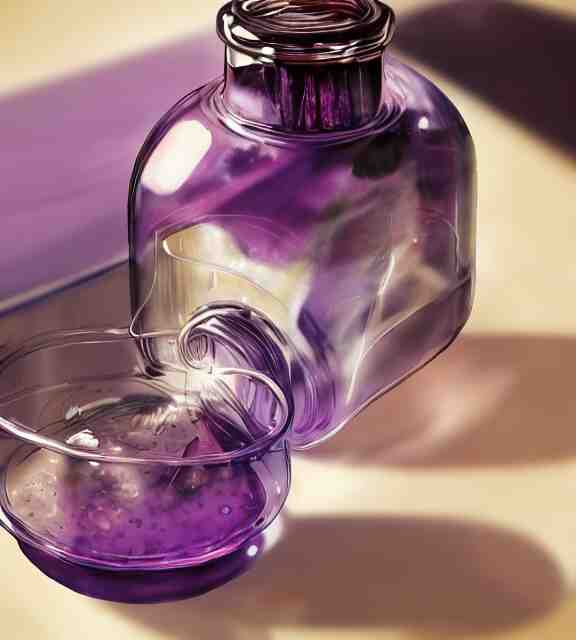 a closeup of a purple potion in a round bottle on a messy desk. by makoto shinkai, stanley artgerm lau, wlop, rossdraws, james jean, andrei riabovitchev, marc simonetti, krenz cushart, sakimichan, d & d trending on artstation, digital art 