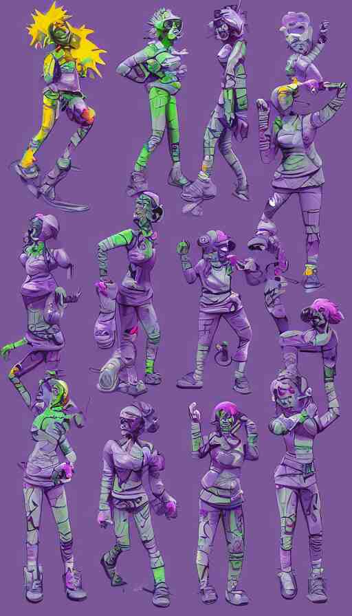 a sprite sheet of a graffiti wirter holding a spray can and purple hair, 3D character, sweat drops, insane, intricate, highly detailed, oil painting, smooth, sharp focus, Unreal Engine 5, 8K