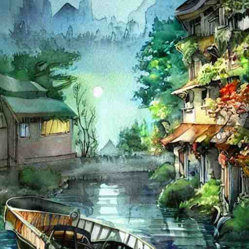 Beautiful happy picturesque charming sci-fi town in harmony with nature. Beautiful light. Water and plants. Nice colour scheme, soft warm colour. Beautiful detailed artistic watercolor by Lurid. (2022)