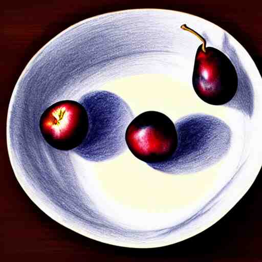 concept art drawing of a single thick porcelain bowl filled with a few moist freshly picked plums on a wooden table. volumetric lighting. small scale. artistic. top down. 