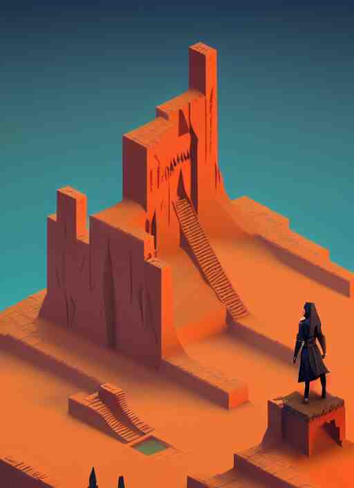 a low poly isometric render of shadow of the tomb rider in the style of monument valley, intricate, elegant, smooth shading, soft lighting, illustration, simple, solid shapes, by magali villeneuve, jeremy lipkin and michael garmash, rob rey and kentaro miura style, octane render, zaha hadid 