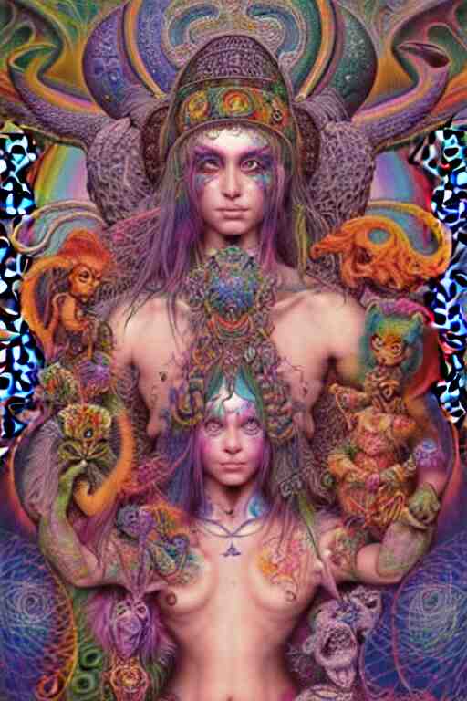 psychedelic shaman, lisa frank, wearing celtic tattoos, inside an epic, ancient temple, ayami kojima, greg hildebrandt, mark ryden, hauntingly surreal, eerie vibrating color palette of charlie immer, highly detailed painting by, jenny saville, soft light 4 k 