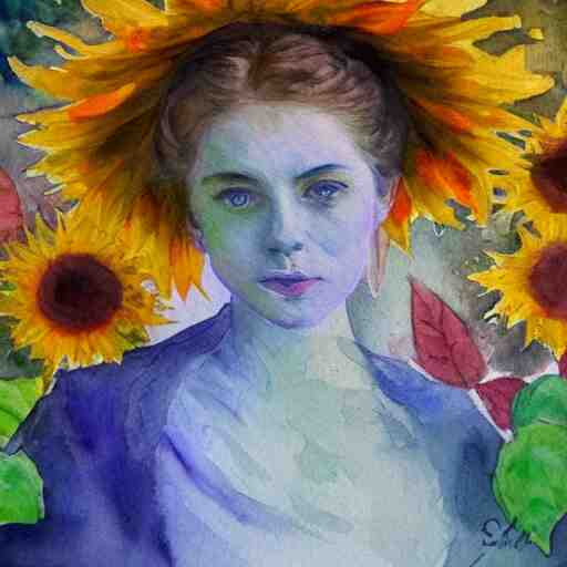 molly sanden, watercolor, in the style of claude monet, beautiful face, sunflowers, fall leaves red and orange, award winning, hd, 4 k, purple, blue 