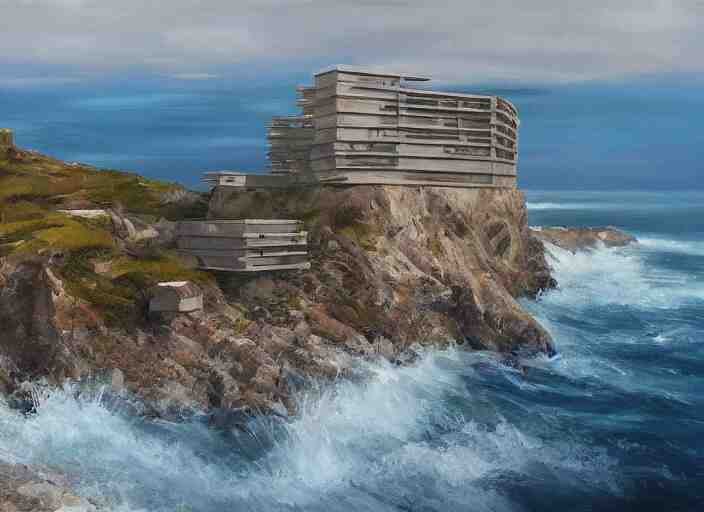 brutalist house, coastal perched on a cliff overlooking a magnificient bay, concept art oil painting by Jama Jurabaev, extremely detailed, brush hard, artstation