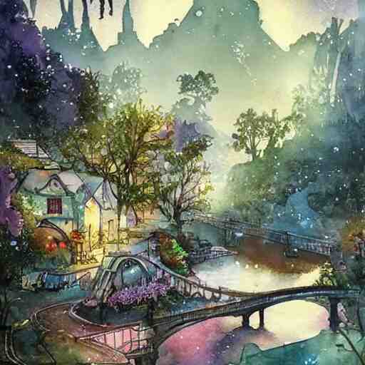 Beautiful happy picturesque charming sci-fi village in harmony with nature. Beautiful light. Water and plants. Nice colour scheme, soft warm colour. Beautiful detailed watercolor by Lurid. (2022)