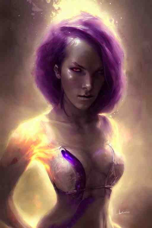 character art by bastien lecouffe - deharme, young woman, purple hair, glowing purple eyes 