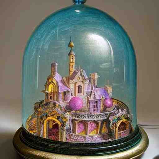 miniature tabletop castle under an ornate glass dome, by paulette tavormina and vermeer, intense pastel colors, hyper realistic, detailed, beautiful bright lighting 