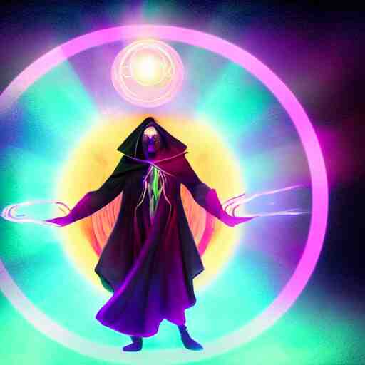 a warlock is casting a magic spell, while magic orb is floating in his hand, the magic orb emit a rainbow vapour, dynamic pose, chromatic aberration , medium level shot, Mucha style , Grim fantasy, illustration ,concept art,