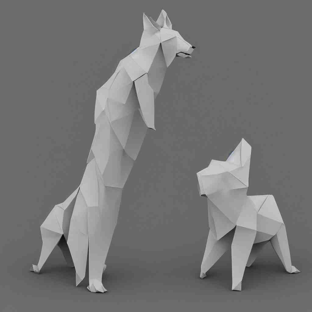 3 d rendering of japanese cardboard origami of simple shape of german shepherd, 2 d image, trending on artstation 