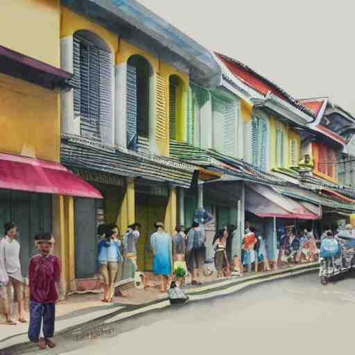 singapore katong shophouses street scene, highly detailed, contemporary watercolor, smooth, by joseph zbikowicz, 8 k 