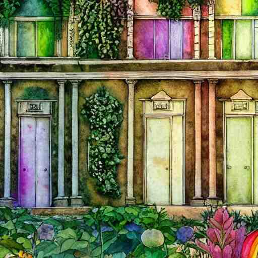 delicate garden on paper floating puffy vines botanical herbarium botanic watercolors iridescent 8 k wide angle realistic artstation italian rainbow colonnade oak pine liberty architecture pompeii 