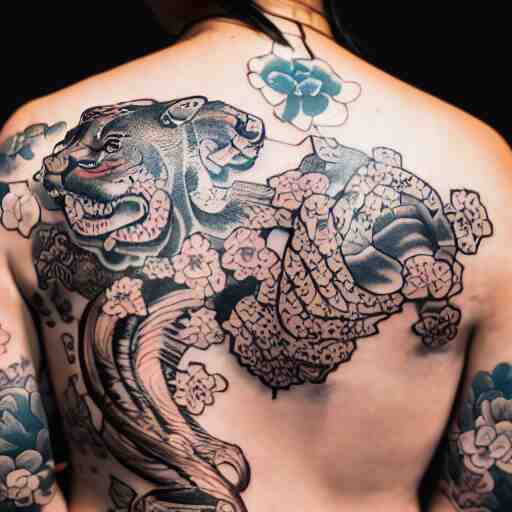 photography of the back of a woman with an detailed irezumi tatto representing a tiger with flowers, mid-shot, editorial photography