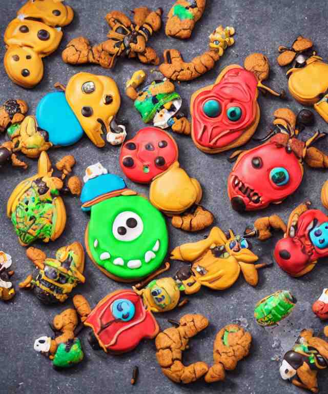 high quality presentation photo of colorful anthropomorphic horror alien monster insects eating cookies, photography 4k f1.8 anamorphic bokeh 4k Canon Nikon