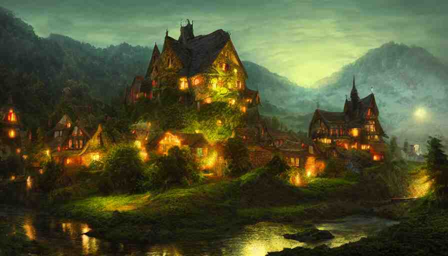 Realistic digital painting of uge English village with humongous king's castle built in green mountains at night, hyperdetailed, artstation, cgsociety, 8k