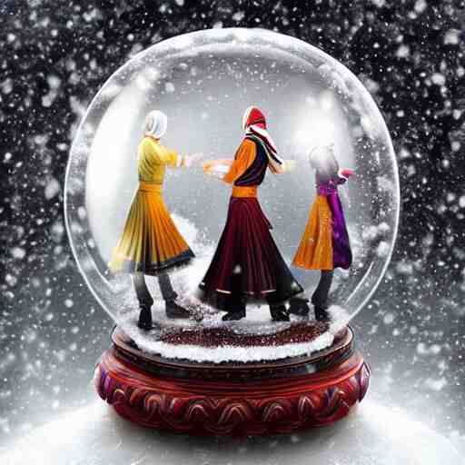 whirling dervishes inside a snow globe on a table, digital art, artstation, highly detailed 