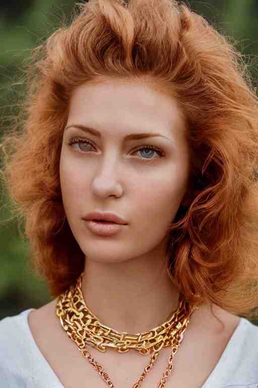 vintage photograph of an olive skinned female model with strawberry blonde hair in her twenties, her hair pinned up, wearing a designer top and one gold standard chain necklace, looking content, focused on her neck, photo realistic, extreme detail skin, natural beauty, no filter, slr, golden hour, 4 k, high definition, selfie 