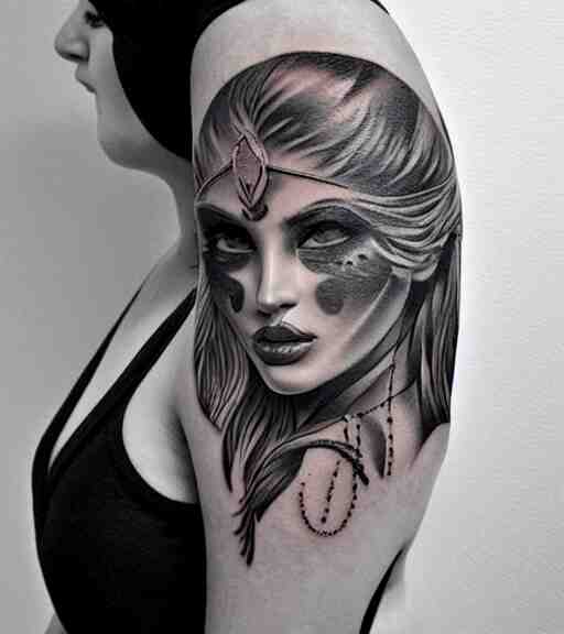 tattoo design on white background of a beautiful girl warrior, hyper realistic, realism tattoo, by eliot kohek 