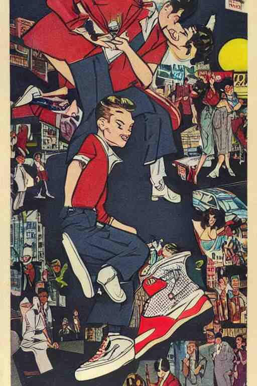 Jordan shoes in the style of a 50s by Frank Hampson and mcbess, 1950s
