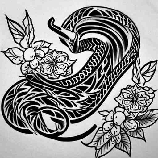 tattoo design, stencil, tattoo stencil, traditional, a cobra with its fangs out surrounded by flowers