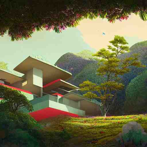 modernist house inspired by a tibetan palace on a hill, big green trees, colorful clouds, dramatic lighting, artstation, matte painting, raphael lacoste, simon stalenhag, frank lloyd wright, zaha hadid 