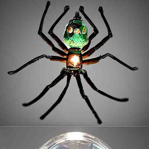 a metal spider with a gnome snow globe head, professional lighting 