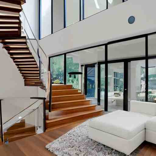 A modern style living room with floor to ceiling glass windows on the left and curved wooden stairs going upstairs on the right, two white sofas with a white marble table in the center, stairs to the second floor, 8k resolution, professional interior design photograph, wide angle photograph