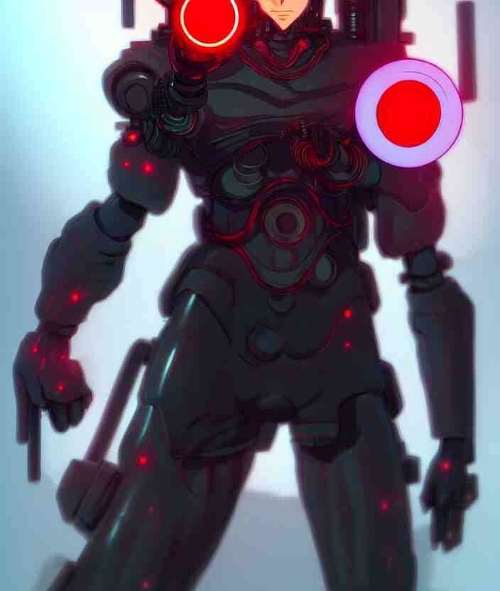 a detailed manga illustration character full body portrait of a dark haired cyborg anime man who has a red mechanical eye, trending on artstation, digital art, 4 k resolution, detailed, high quality, sharp focus, hq artwork, insane detail, concept art, character concept, character illustration, full body illustration, cinematic, dramatic lighting 