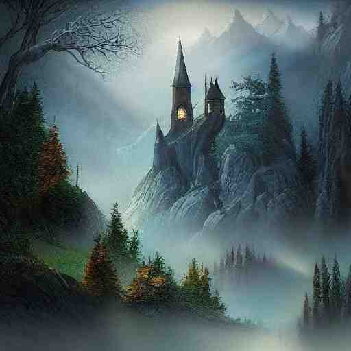 magical academy on a mountain, mist, fantasy, realism, by bagshaw tom 