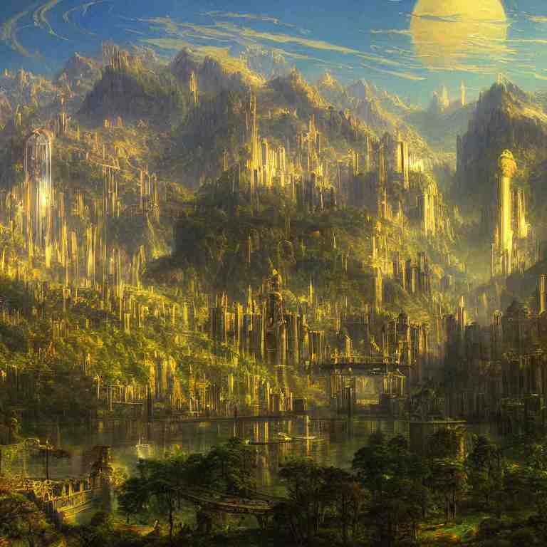 a sprawling science fiction city inspired by rivendell, painted by bierstadt and chirico hidden in a forest 