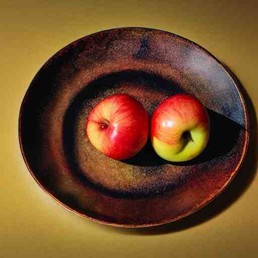 a wide angle side view realistic photo of only 3 apples on a colorful plate, award winning, food photography, by ansel adams 