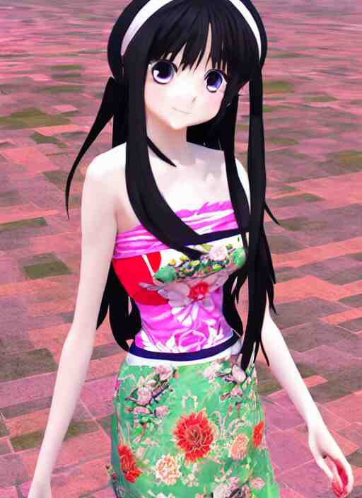 beautiful anime girl wearing summer assamese mekehela bihu style floral gamosa dress ; flirtatious, boho - chic, sleeveless, elegant, short skirt length, slimmer demeanor, plethora of colors ; mini dress, highly detailed cute face by wlop ; octane render, unreal engine 5, symmetrical, high coherence, hdr fabric textures 