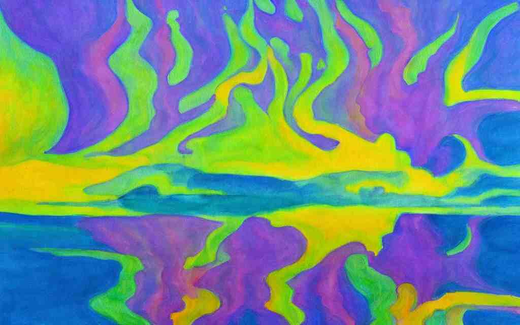 the explosion of an atomic power plant and reflection in a lake in the style of georgia o keeffe. colorful, wavy. painting. medium long shot. perspective. color palette of blue, yellow, purple, green. 