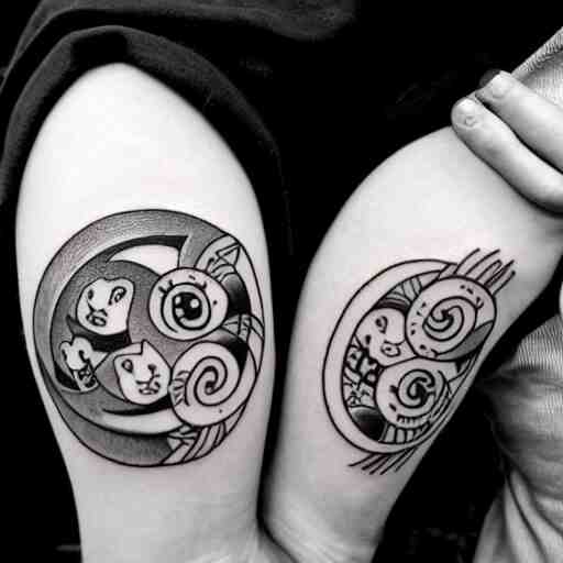 two cats holding each other's tail, yin yang circle design, tattoo design, ink drawing, designed by Kamiel Proost