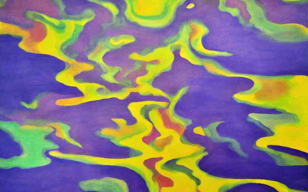 the explosion of an atomic power plant and reflection in a lake in the style of georgia o keeffe. colorful, wavy. painting. medium long shot. perspective. color palette of blue, yellow, purple, green. 