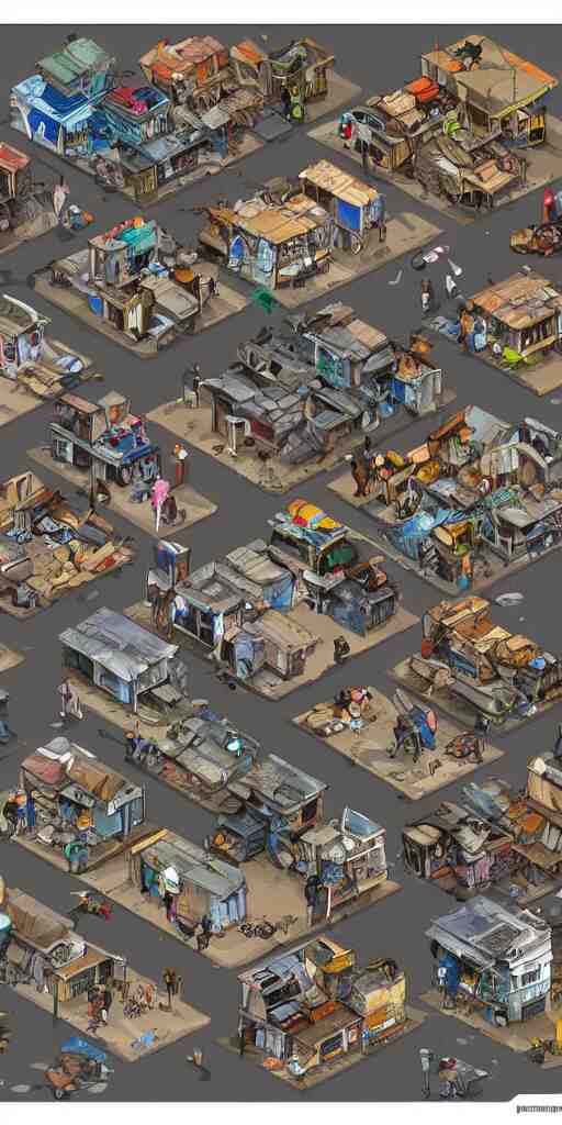 junkyard slum houses and shops. pixel art asset sheet. isometric perspective. concept art. science fiction. 