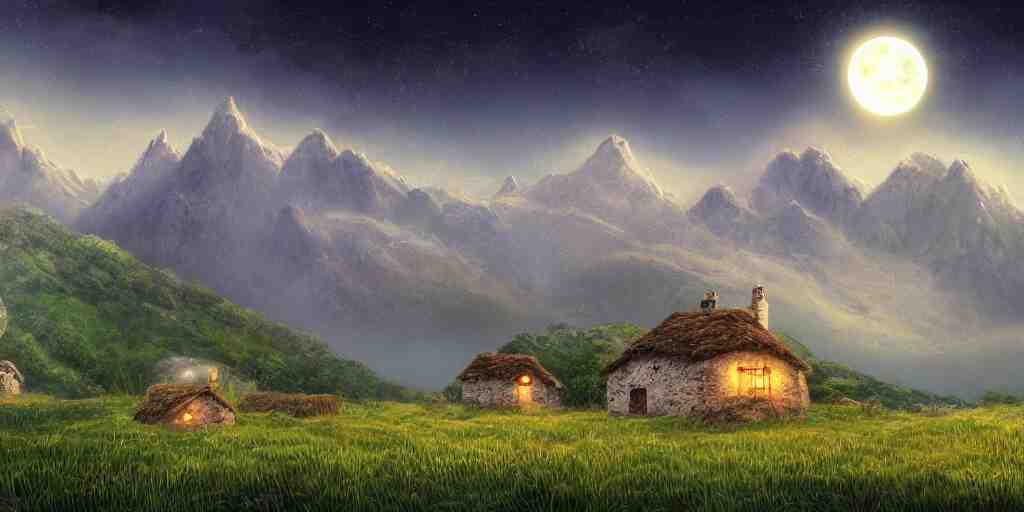 Grassy fields with large mountains in the distance, small cottage in the foreground, nighttime, moon in the night sky, landscape wallpaper, d&d art, fantasy, painted, 4k, high detail, sharp focus