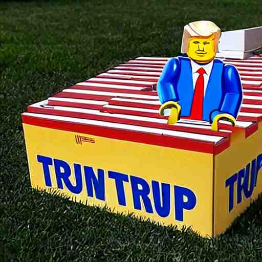 lego donald trump with cardboard box outside mar - a - lago, wide shot, lego, 