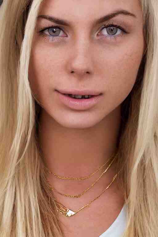 2 4 year old professional blonde female wearing white v - neck top, single gold chain necklace, neck zoomed in, photo realistic, extreme detail skin, very few freckles, no filter, slr, golden hour, 4 k, high definition,! dream 2 4 year old professional blonde female wearing white v - neck top, neck zoomed in, photo realistic, extreme detail skin, light freckles, no filter, slr, golden hour, 4 k, high definition, photograph, selfie - h 7 6 8 - n 9 - i, selfie 