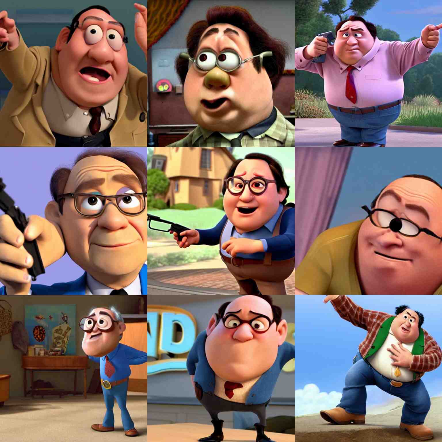 pixar version of frank reynolds holding a pistol 