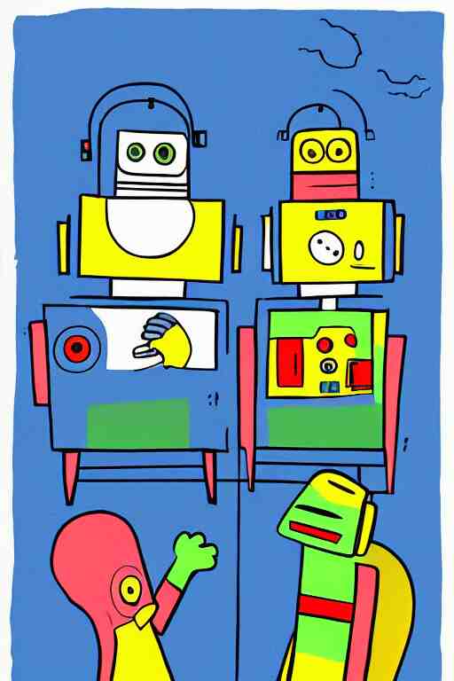 an illustration of robots watching tv in the style of goodnight moon by margaret wise brown 