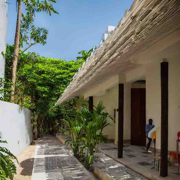 idyllic town house on a quiet street in lagos, tropical architecture with sun shading and pergolas, modernist african building, contemporary architecture, architectural photography, canon eos r 3, telephoto lens, sigma 5 0 0 mm f / 5, iso 2 0 0, 1 / 1 6 0 s, 8 k, raw, unedited, in - frame 